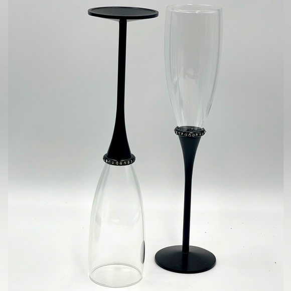 Set of 2 - Deco Glam Glass Champagne Flutes with Black Metal Stem & Rhinestones - Picture 10 of 14